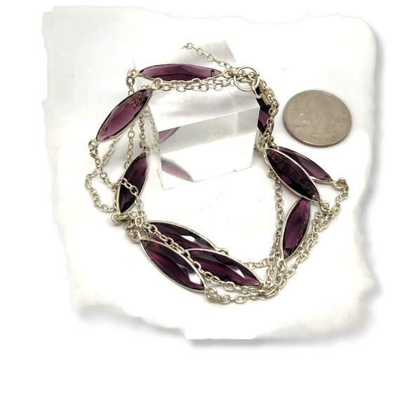 Silver-Tone Amethyst Color Purple Glass Marquise Cut Bezel Set Necklace 40" - Picture 2 of 6